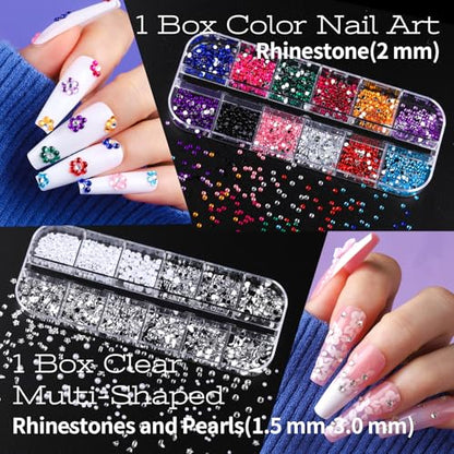 Teenitor Nail Charms and Nail Art Tools Set, Nail Art Kit with 5 Boxes of 3D Nail Charms and Gems Rhinestones, 15 Pcs Nail Art Brushes, 5 Pcs Nail Dotting Tools, 2 Set of Nail Stand