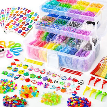 INSCRAFT 17500+ Rubber Loom Bands with 3 Layer Transparent Container, 28 Colors, 600 S-Clips, 352 Beads, 40 Cartoon Pendant, Bracelet Making Refill Kit for Kids - color: Transparent