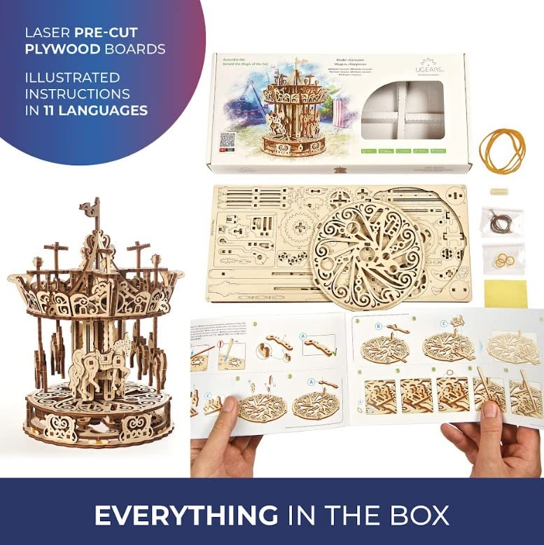 UGEARS Carousel 3D Wooden Puzzles for Adults - Mechanical 3D Model Self-Assembling Craft DIY Kit Adult 3D Puzzle Gift, Wooden Model Kits for Adults