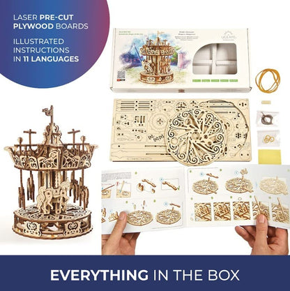 UGEARS Carousel 3D Wooden Puzzles for Adults - Mechanical 3D Model Self-Assembling Craft DIY Kit Adult 3D Puzzle Gift, Wooden Model Kits for Adults