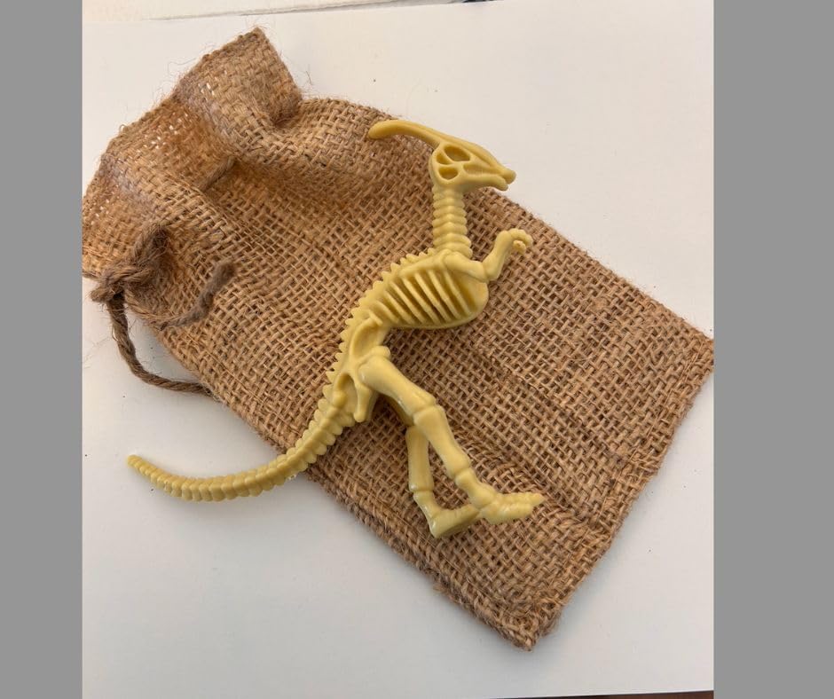 DINOSAURS ROCK® Museum in a Bag - 3 Genuine Dinosaur Fossils - Dinosaur Bone, Eggshell and Coprolite Plus mini Excavation dig kit and Fun Skeleton - Gift Packaged in Burlap Drawstring Bag