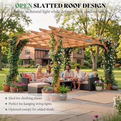 AMERLIFE 12x10 FT Outdoor Wooden Pergola, Large Solid Cedar Wood Pergola Kit with Slatted Roof Design, Heavy-Duty Frame for Backyard, Patio & Garden, Red-Brown Finish - size: 12x10 FT