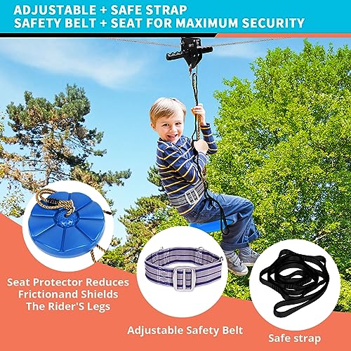Zip Line Kit for Kids Adults : 100FT / 120FT / 150FT / 200FT Up to 380Lbs - Quick Tighten Zipline for Backyard Outdoor with 100% Rust Proof Removable Trolley Seat Spring Brake - size: 120ft