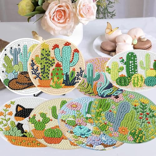 mrpwnle 8 Pcs Diamond Art Coasters Kits, Cactus Diamond Painting Coasters - color: Cactus