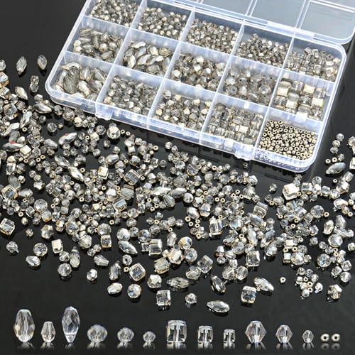 1500 Pcs Crystal Glass Beads for Jewelry Making – 12 Styles Bicone, Rondelle, Cube, Teardrop & 3mm Spacer Beads, DIY Bracelet Necklace Earring Craft Kit with Organizer Box(Grey) - color: Grey
