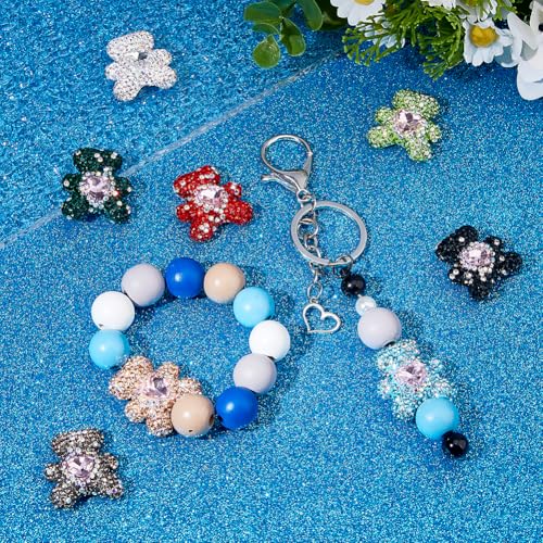 8Pcs 8 Styles Rhinestone Focal Beads Bear Shaped Bling Spacer Beads for Pens Mixed Color Bear Rhinestone Clay Beads for Beadable Pen Keychain Jewelry Making Crafts