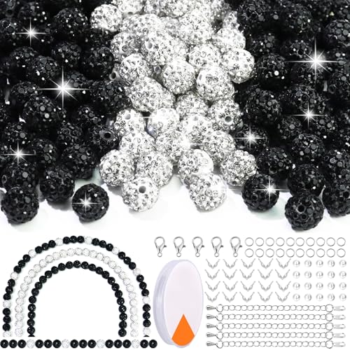 Dowarm 255PCS 10mm Rhinestone Beads for Baseball Rhinestone Necklace Bracelet Jewelry Making, Round Polymer Clay Beads for Crafts Beaded Pen, Shamballa Clay Pave Disco Diamond Bead, Black|White - color: 07-Black | White