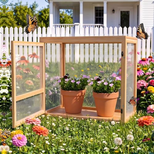 Bucherry Wooden Butterfly Habitat Cage Kit Monarch Caterpillar Enclosure with Mesh Tent & Wood Frame, Detachable Insect Observation House for Kids Outdoor Garden (20") - size: 20"