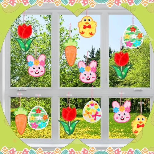 Feifeiya 24 Pack Easter Suncatcher Craft Kit Easter Window Art Kit Bunny Carrot Egg Crafts Window DIY Tissue Paper Suncatcher Decoration Ornament for Classroom Art Party Favor Supplies - style: Easter