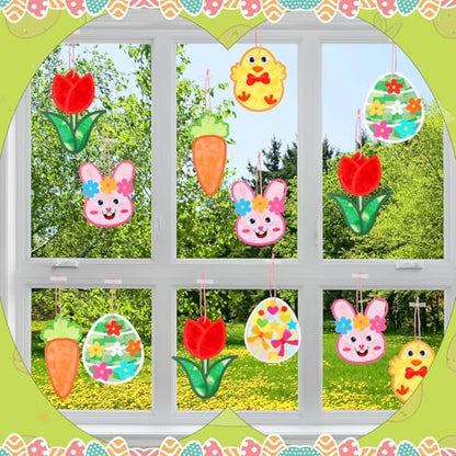 Feifeiya 24 Pack Easter Suncatcher Craft Kit Easter Window Art Kit Bunny Carrot Egg Crafts Window DIY Tissue Paper Suncatcher Decoration Ornament for Classroom Art Party Favor Supplies - style: Easter