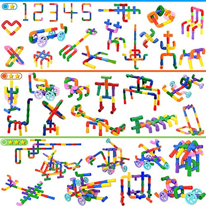 FUBAODA STEM Learning Pipe Tube Toys, Tube Locks Construction Building Blocks 96 Pcs - Multicolor Educational Building Blocks Set with Wheels& Spouts & Joints for Kids Ages 3+