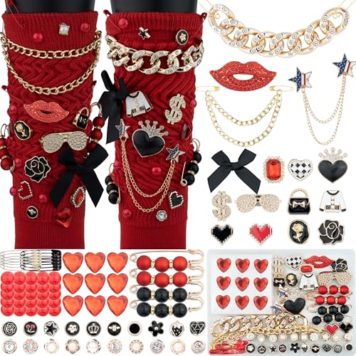DoDoBeads 85 Pcs Junk Socks Charms Kit, Black and Red Charms for Socks, Brooches and Pins for Women, ShoeCharms with Bows, Sneakers DIY Kit with Pearls Rhinestones Chains - color: Black and Red
