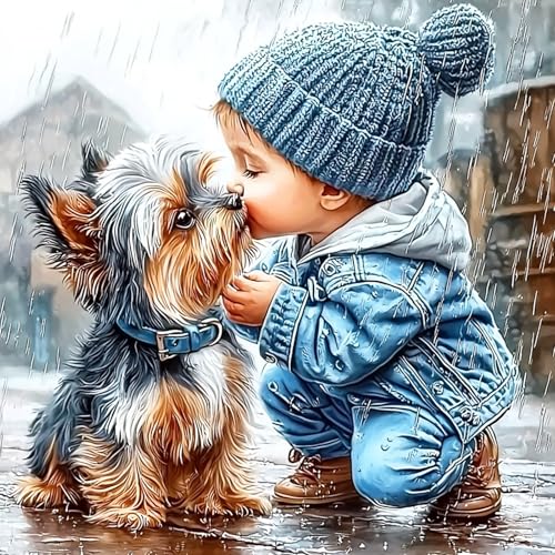 HEIBAGO Diamond Art Kits for Adults, Diamond Painting Kits Boy Kiss Dog for Adults Beginners, 5D Full Drill Round Diamond Art Painting Animal, DIY Diamond Dots for Adult for Home Wall Decor 12x12 in - color: Boy Kiss Dog