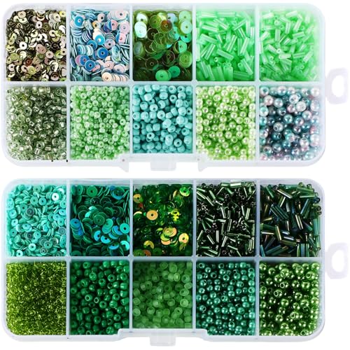 Norme 2 Sets Glass Seed Beads and Loose Sequins Kit Loose Beads for Jewelry Making DIY Crafts Felt Kits Embroidery Bracelets and Necklaces 20 Colors(Green) - color: Green