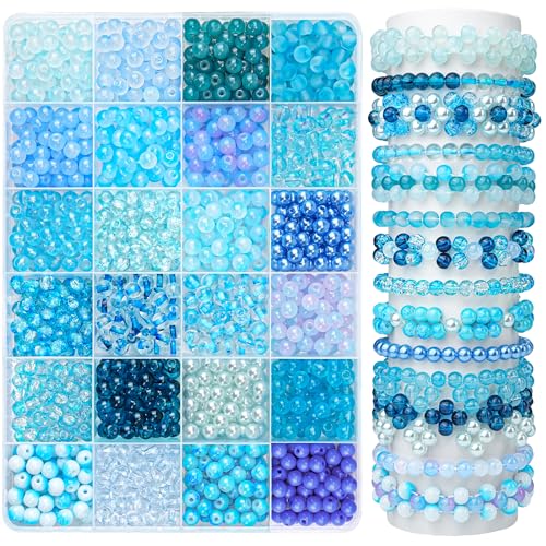 1200PCS 6mm Blue Glass Beads for Bracelets, 24 Colors Crystal Beads Bracelets Making Kit and Jewelry Making, Round Blue Ocean Sea Beads for Friendship Bracelets Earring Necklace DIY Crafts - color: Blue Peace