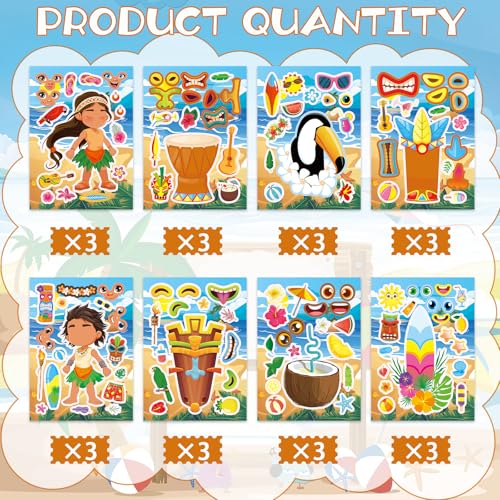 24 Sheets Tiki Make a Face Sticker, Make Your Own Tropical Hawaii Mix and Match Stickers Summer Stickers for Boy Girls Home School Classroom Crafts Activities Summer Party Favors - style: Hawaii