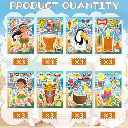 24 Sheets Tiki Make a Face Sticker, Make Your Own Tropical Hawaii Mix and Match Stickers Summer Stickers for Boy Girls Home School Classroom Crafts Activities Summer Party Favors - style: Hawaii