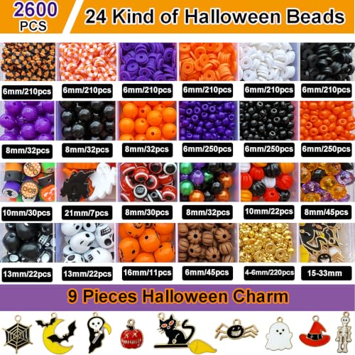 XBYzuzi 2600Pcs Halloween Beads for Bracelets Jewelry Making Kit, Orange Black White Purple alloween Polymer Clay Beads Pumpkin Evil Eye Skull Bead with Ghost Spider Charms for DIY Craft Earring - color: Black+White
