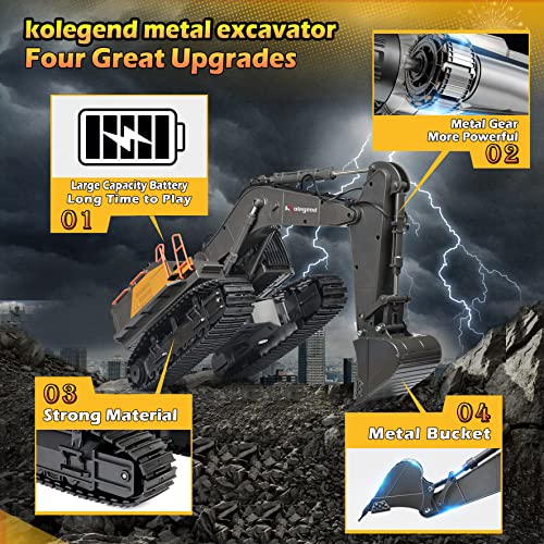 kolegend Remote Control Excavator Toy 1/14 Scale RC Excavator, 22 Channel Upgrade Full Functional Construction Vehicles Rechargeable RC Truck with Metal Shovel and Lights Sounds - style: Excavator