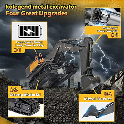 kolegend Remote Control Excavator Toy 1/14 Scale RC Excavator, 22 Channel Upgrade Full Functional Construction Vehicles Rechargeable RC Truck with Metal Shovel and Lights Sounds - style: Excavator