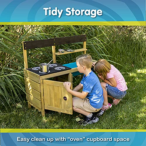 TP Toys Mud Play Kitchen For Kids - Indoor, Outdoor Wooden Toy Toddler Kitchen Playset with Accessories, Durable, Weatherproof, Removable Sink, Chalkboard, Wood Burner Stencils, Easy Assembly, Ages 3+ - style: Wooden Muddy Maker Mud Kitchen