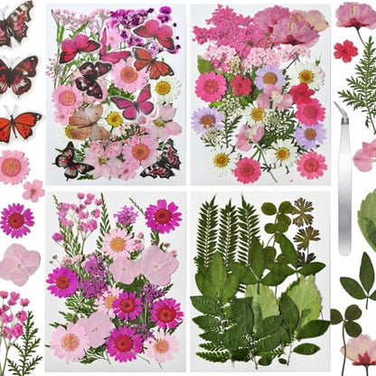 Dried Flowers for Resin 116Pcs Pink Real Natural Pressed Flowers - size: 116 pcs Pink Dried Flowers with Butterfly Stickers