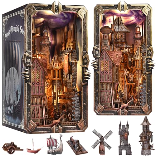 fifijoy DIY Viking Book Nook Kit, Miniature House Dollhouse Kit for Adult and Teens, Booknook Bookend Tiny House Model Build Bookshelf Insert Decor 3D Wooden Puzzle, Gifts for Family, Friends - color: Voyage Through the Storm