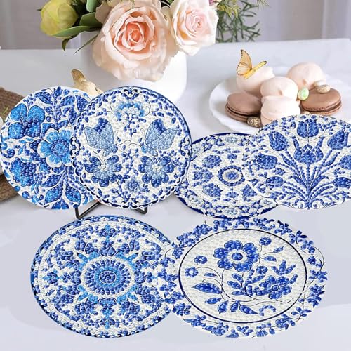 6 Pack Diamond Art Coasters Kits for Adults - Diamond Painting Coasters Kit - color: Blue Flower