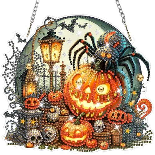 NAIMOER Halloween Diamond Art Hanging Kits for Adults, Spider 5D Special Shaped Rhinestone, DIY Acrylic Diamond Art Painting Window Pendants Home Garden Wall Hanging Ornament Kits, Double Sided - color: Halloween Pumpkin Spider