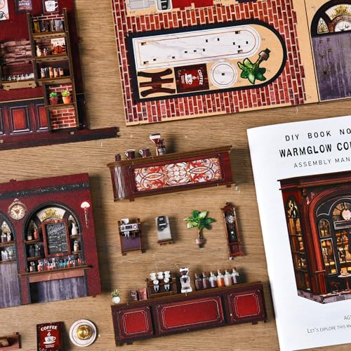 DIY Book Nook Kit, 3D Wooden Puzzle Miniature House with LED Light, Dollhouse Bookshelf Insert, Tiny House Model Building Kit, Unique Creative Gift for Adults and Teens (Warmglow Coffee) - style: Warmglow Coffee