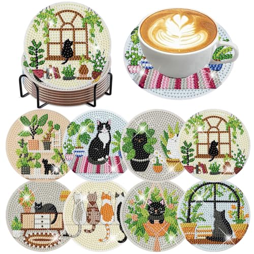 Xylogist 8 Pcs Cat Diamond Art Coasters with Holder 4X4 inch - color: Black Cat Coasters