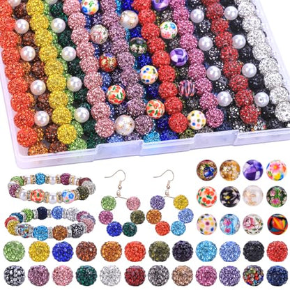 AIPRIDY Jewelry Making Beads Set, 590 PCS 10mm Round Mixed Color Rhinestone Clay Beads with Pearl and Floral Beads for DIY Bracelets, Necklaces(Fixed Mixed) - color: Fixed mixed