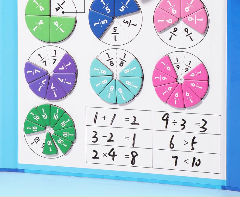 Magnetic Fraction Educational Puzzle, Magnetic Fraction Demonstration Book with Fraction Tiles & Circles, Fraction Manipulatives for Elementary School, Math Learning Skills for Kids