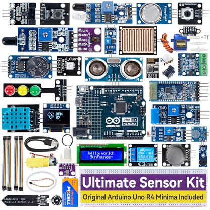 SunFounder Ultimate Sensor Kit with Original Arduino Uno R4 Minima, RoHS Compliant, Durable Sensors IoT ESP8266 IIC LCD1602 OLED, Online Tutorials & Video Courses for Beginners & Engineers