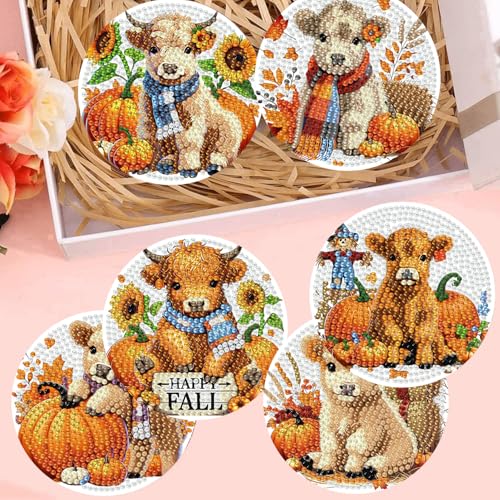 mrpwnle 8 Pcs Diamond Art Coasters Kits DIY Cow Diamond Painting Coasters - color: Fall Cow