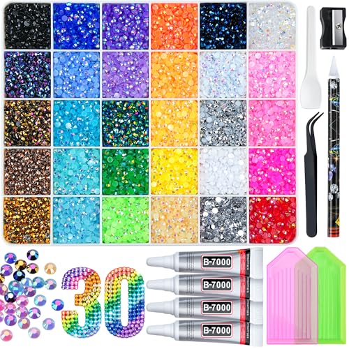 40000 Pcs Resin Jelly Rhinestones Kit, 30 Colors 4mm Flatback Rhinestones with 4 Pcs B7000 Jewelry Glue & Tools, All-in-One Bedazzling Kit for DIY Arts & Crafts Gifts - color: 30 Colors 4mm