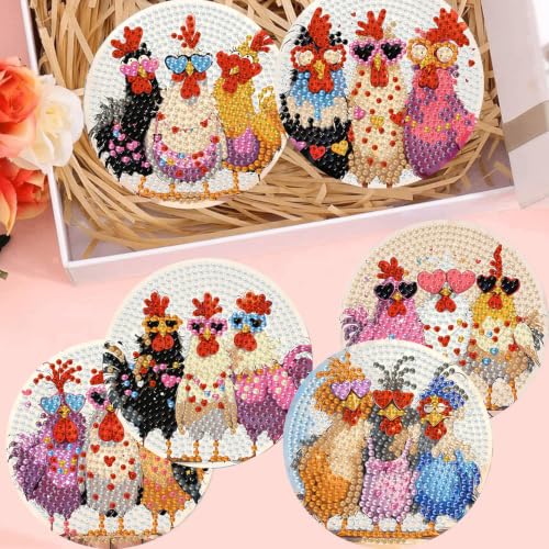 Zythron 8 Pack Diamond Art Coasters,Chicken Diamond Painting Coasters Kits - color: Three Chickens Coasters