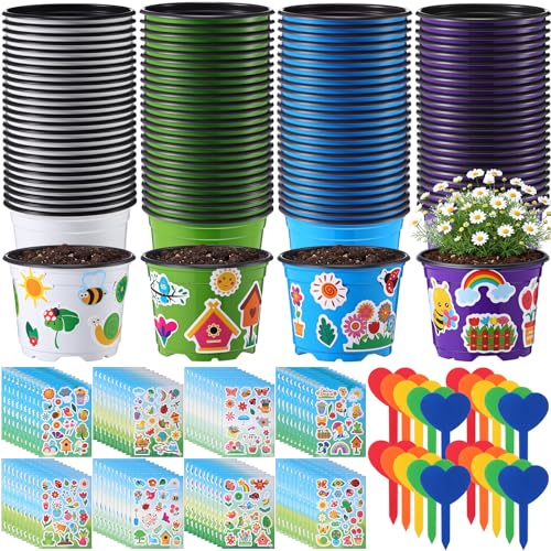 50 Sets Garden Pot Craft Kit, Flower Plant Spring Craft Including Plastic Nursery Plant Pots Labels Tags Stickers for DIY Flower Planting Growing Birthday Arts Kit (Fresh) - style: Fresh