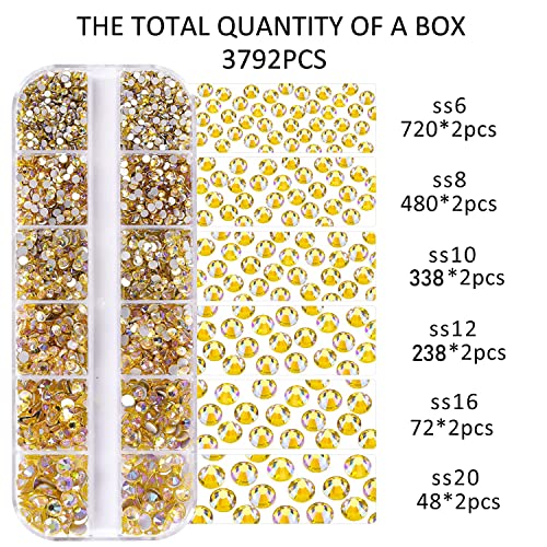 12 Grids 3792pcs Citrine AB Flatback Rhinestones Set for Nail, Art, Crafts, Makeup, Tumblers Glitter Round with Tweezers and Picking Pen(SS6~SS20) - color: Citrine AB