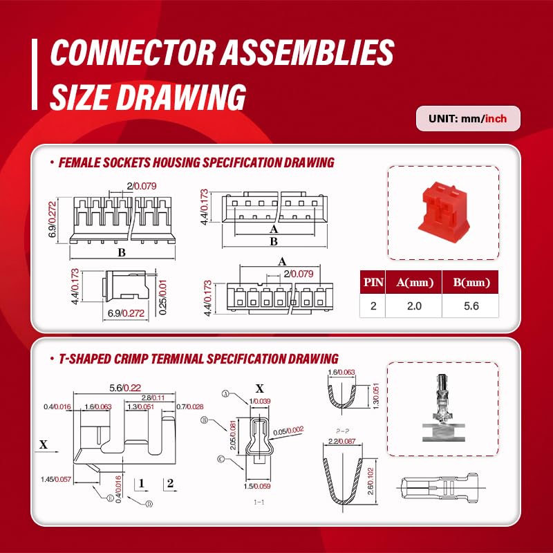 CQRobot JST Red PH 2.0 mm Pitch 2-Pin Electronic Computer Connector IC Male Plugs, Female Sockets Housing and T-Shaped Crimp Terminal Kit. 50 Sets/200 Pieces Wire-to-Board Adapter Cable Assembly. - size: 2P, style: Red