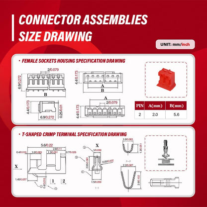 CQRobot JST Red PH 2.0 mm Pitch 2-Pin Electronic Computer Connector IC Male Plugs, Female Sockets Housing and T-Shaped Crimp Terminal Kit. 50 Sets/200 Pieces Wire-to-Board Adapter Cable Assembly. - size: 2P, style: Red