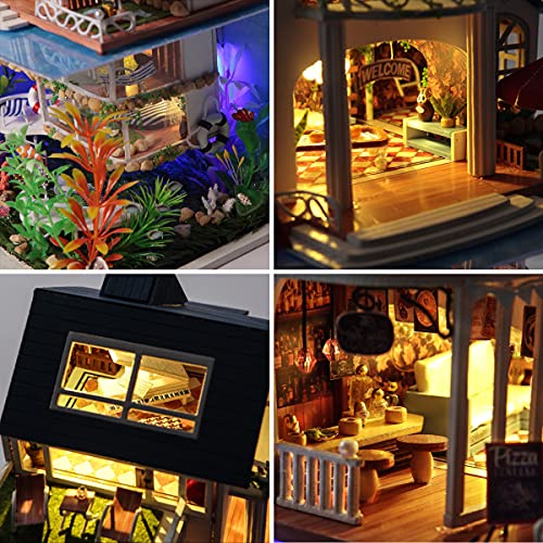 GuDoQi DIY Miniature Dollhouse Kit, Tiny House kit with Furniture and Dust Proof, Miniature House Kit 1:24 Scale Beachside Bungalow, Great Handmade Crafts Gift for Birthday Christmas Day - color: Beachside Bungalow