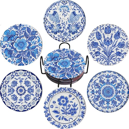 6 Pack Diamond Art Coasters Kits for Adults - Diamond Painting Coasters Kit - color: Blue Flower