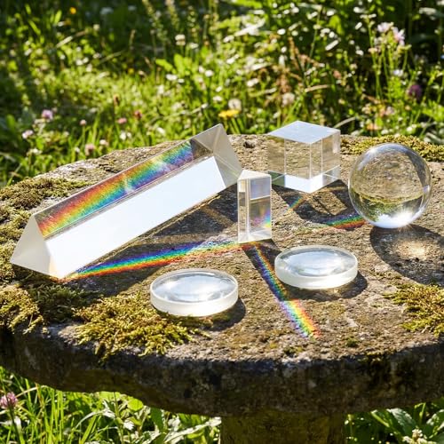 7-Piece Premium Optical Prism & Lens Kit with Gift Box - Large Triangular Prism, Crystal Ball, Cube, Pyramid, Concave & Convex Lenses for Creative Photography