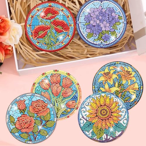 Meothan 8 Pcs Flowers Diamond Art Coasters Kit for Adults with Holder 4x4in - color: Flowers Coasters-D, size: 8 Pcs 4x4in