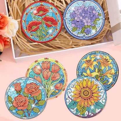 Meothan 8 Pcs Flowers Diamond Art Coasters Kit for Adults with Holder 4x4in - color: Flowers Coasters-D, size: 8 Pcs 4x4in