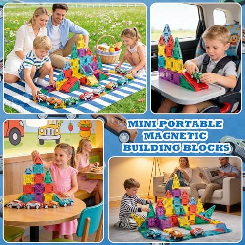 Mini Magnetic Tiles 93PCS Set with 12 Cars, STEM Building Blocks for Kids - size: 93PCS