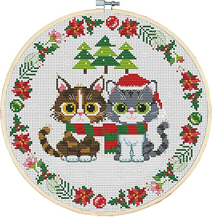 Awesocrafts Cross Stitch Kits Two Christmas Kittens 11CT Stamped Patterns Easy Cross Stitching Embroidery Needlework Kit Supplies (Kittens) - color: Kittens