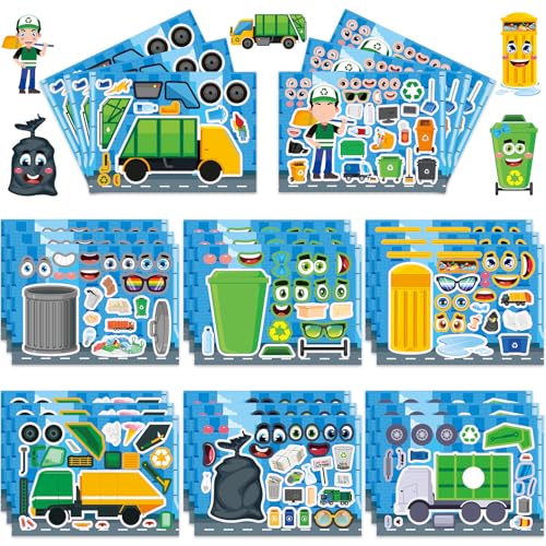 24 Sheets Garbage Truck Make a Face Sticker, Make Your Own Trash Truck Stickers Garbage Mix and Match Sticker for Home School Classroom Crafts Activities Reward Birthday Party Favors - style: Garbage Truck