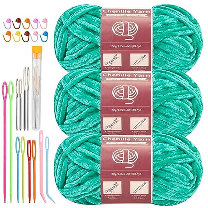 LUNARM Chenille Yarn 3 Pack 3.5oz Chunky Blanket Velvet Yarn 263 Yard - color: Jade Green